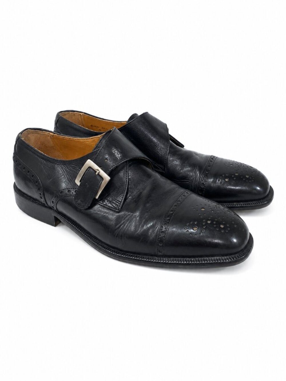 Sandro Moscoloni Black Leather Monk Strap Brogue Dress Shoes Men US 9 Italy